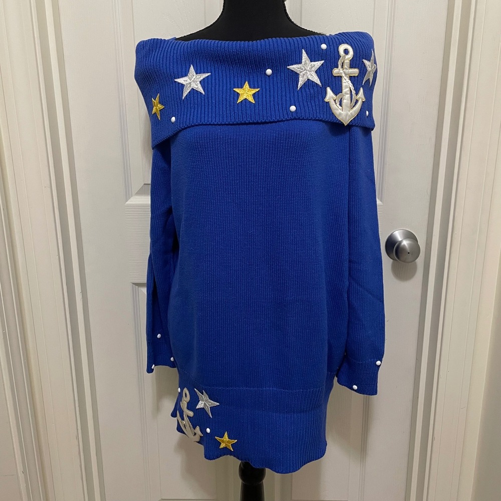 Vintage Suzy T Off Shoulder Sweater Nautical Anchor Star Handmade NWT USA‎ S M L